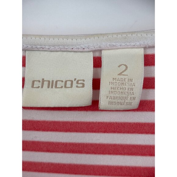 Chico's Stretch Striped Key Hole Short Sleeve Top Red White Sz 2 (12) Large - Picture 4 of 6